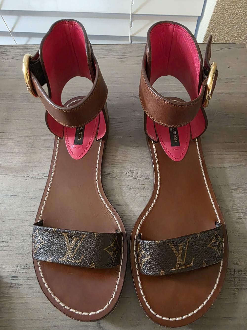Louis Vuitton Brown Monogram Leather Gladiator Sandals with Pink Lining